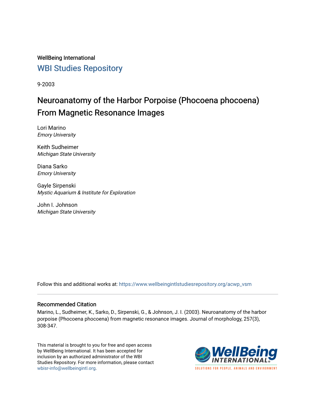 Neuroanatomy of the Harbor Porpoise (Phocoena Phocoena) from Magnetic Resonance Images