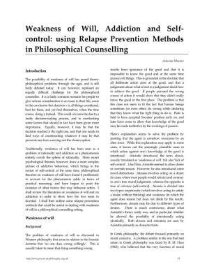 Weakness of Will, Addiction and Self- Control: Using Relapse Prevention Methods in Philosophical Counselling