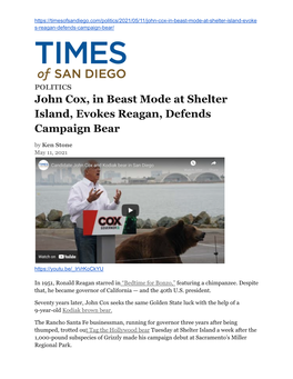 John Cox, in Beast Mode at Shelter Island, Evokes Reagan, Defends Campaign Bear by Ken Stone May 11, 2021