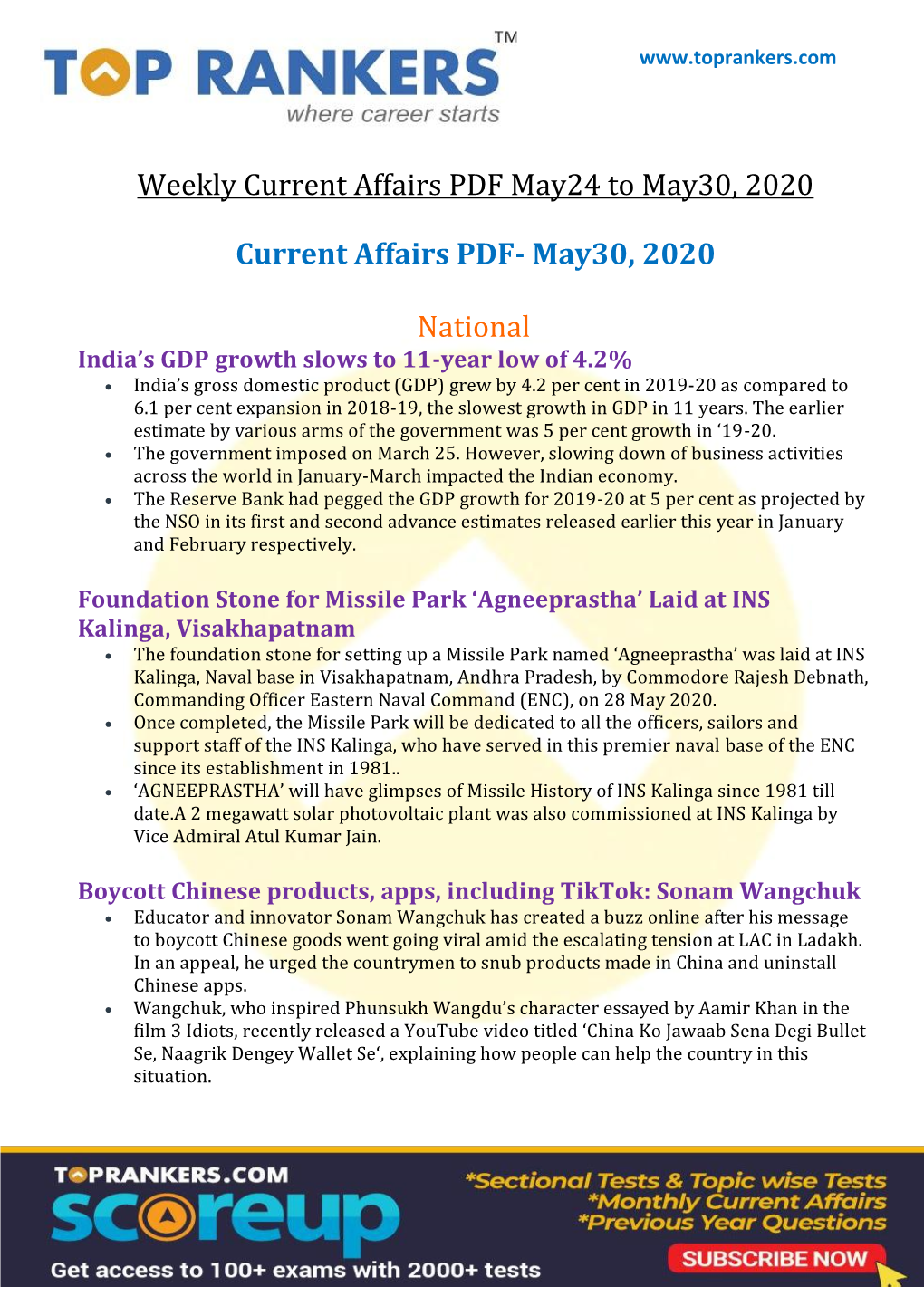 Weekly Current Affairs PDF May24 to May30, 2020 Current