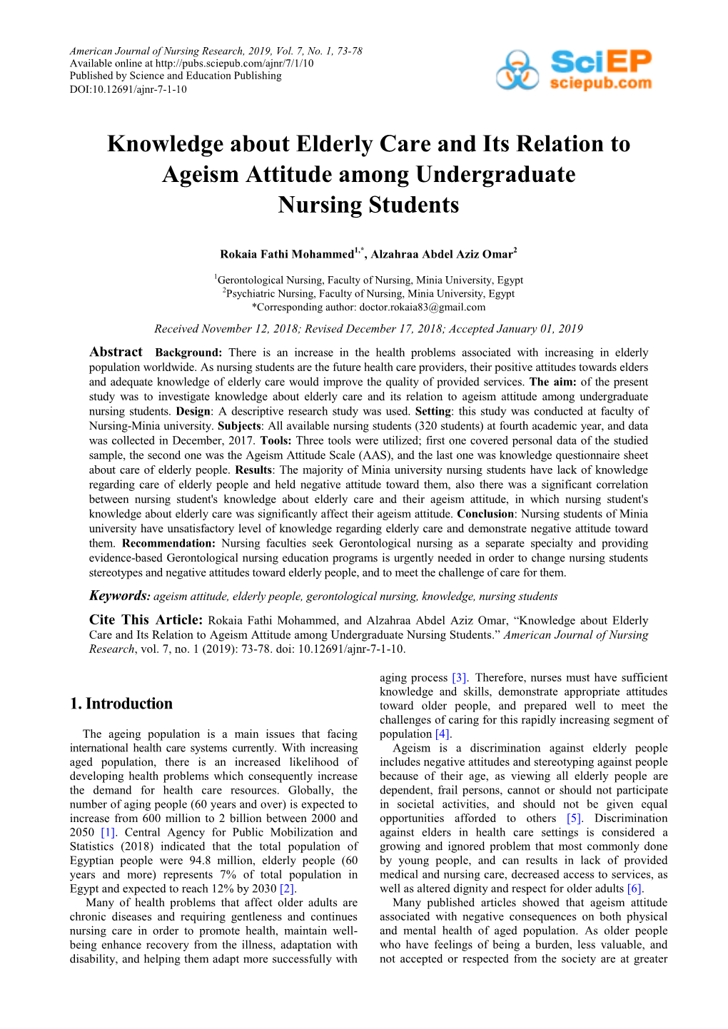 Knowledge About Elderly Care and Its Relation to Ageism Attitude Among Undergraduate Nursing Students