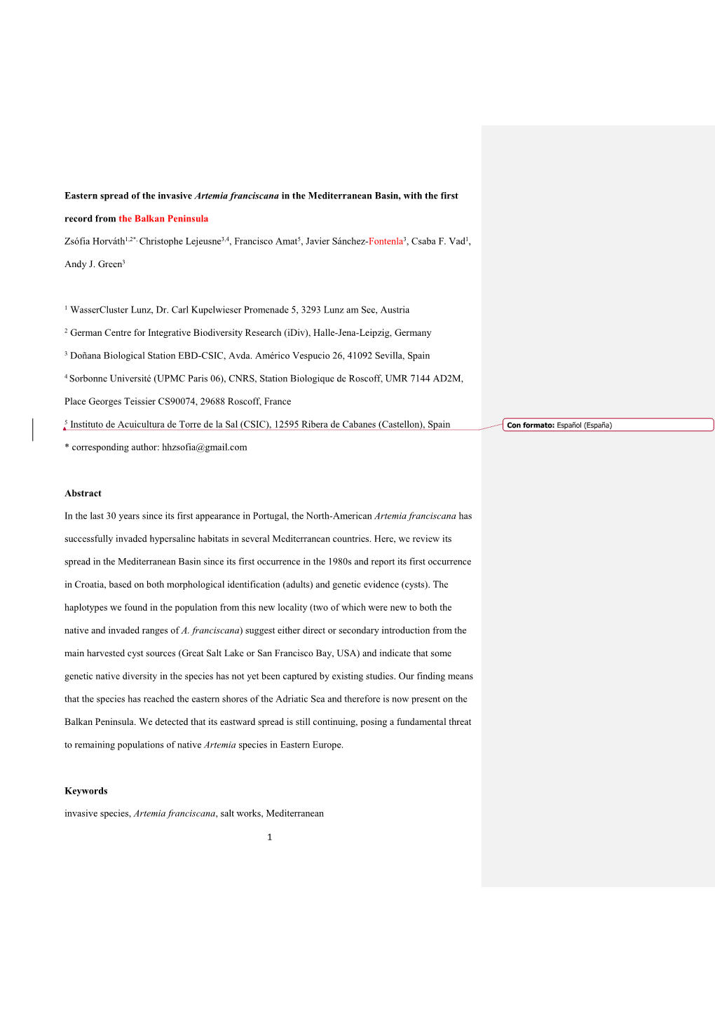 1 Eastern Spread of the Invasive Artemia Franciscana in The