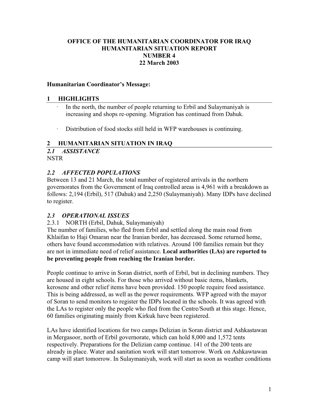 IRAQ Humanitarian Sitrep 4 220303
