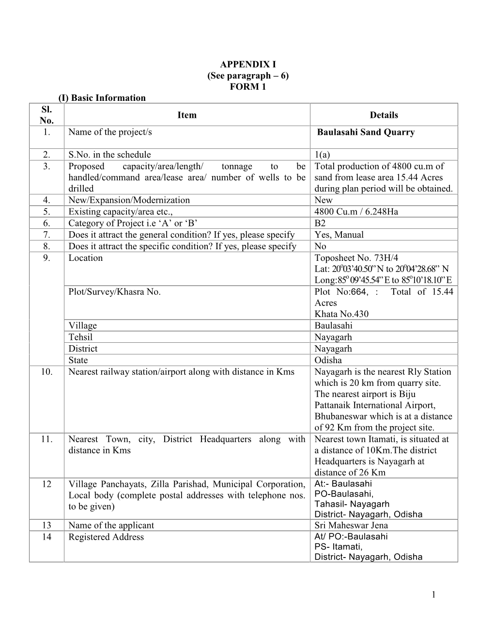 FORM 1 (I) Basic Information Sl