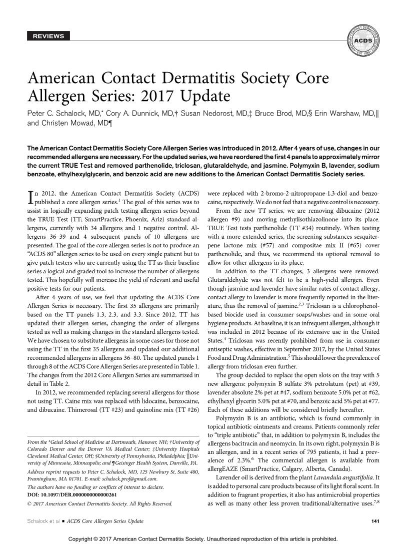 American Contact Dermatitis Society Core Allergen Series: 2017 Update Peter C