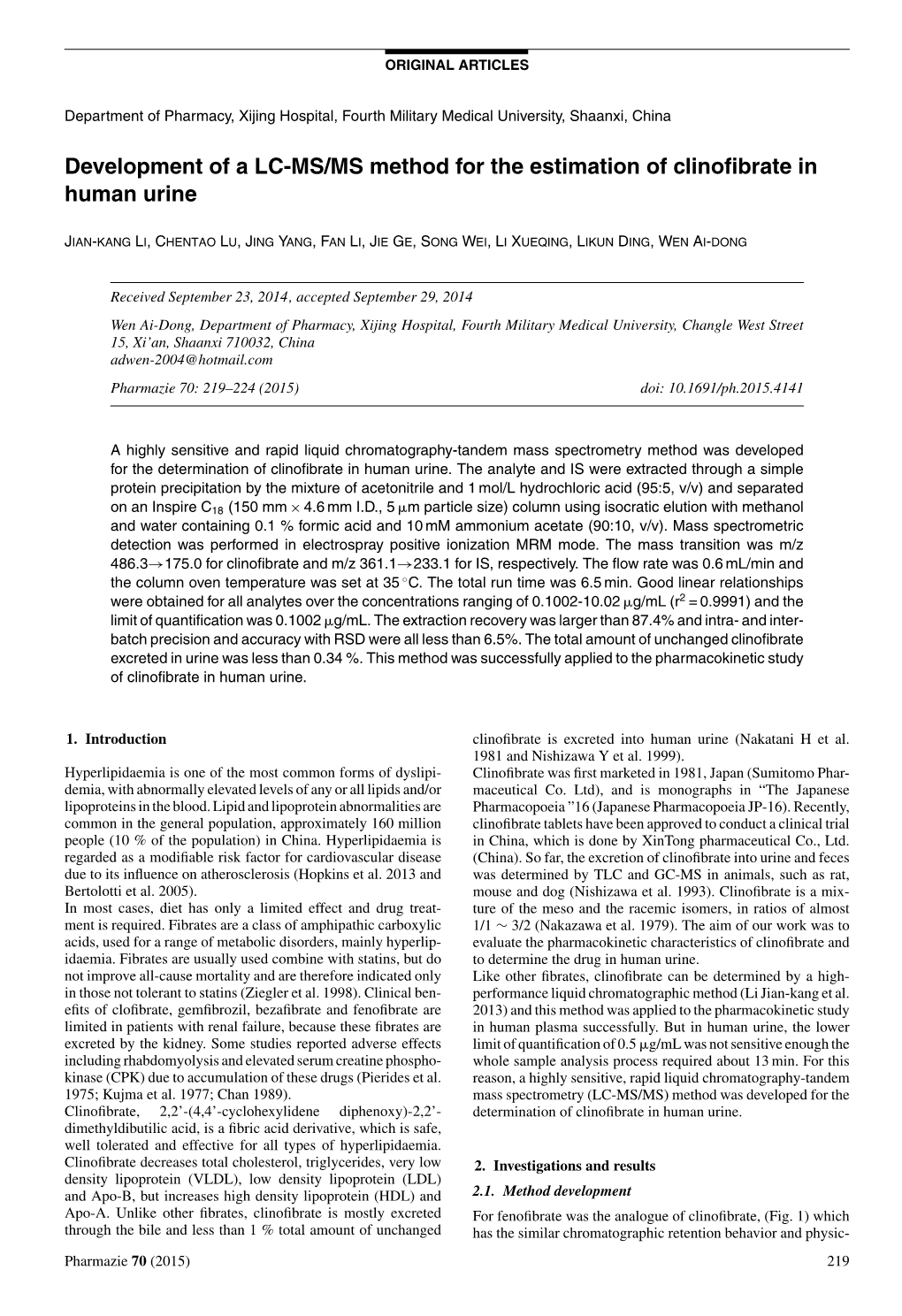 Development of a LC-MS/MS Method for the Estimation of Clinofibrate In