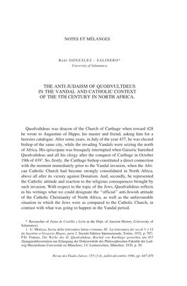 The Anti-Judaism of Quodvultdeus in the Vandal and Catholic Context of the 5Th Century in North Africa