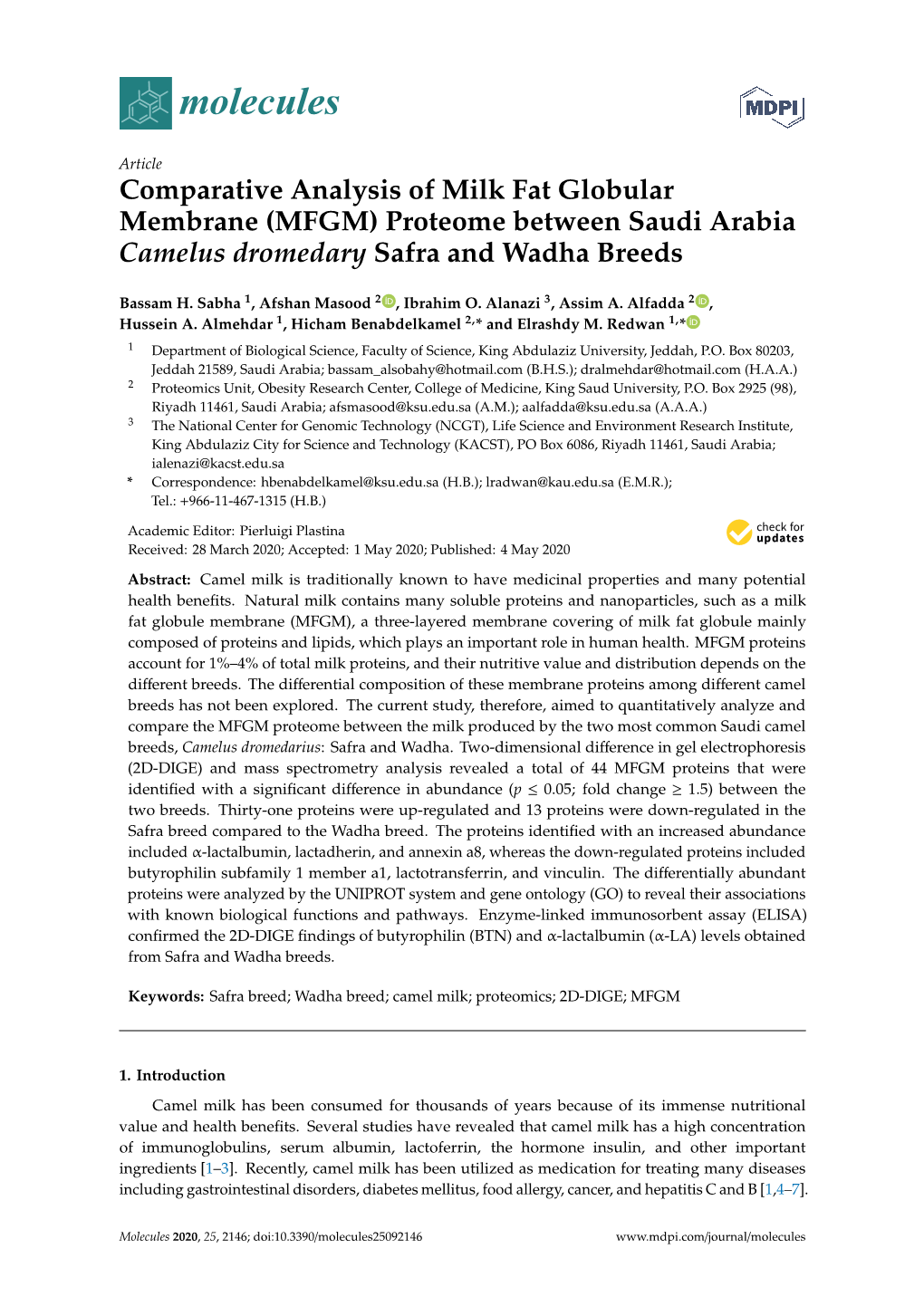 Comparative Analysis of Milk Fat Globular Membrane (MFGM) Proteome Between Saudi Arabia Camelus Dromedary Safra and Wadha Breeds