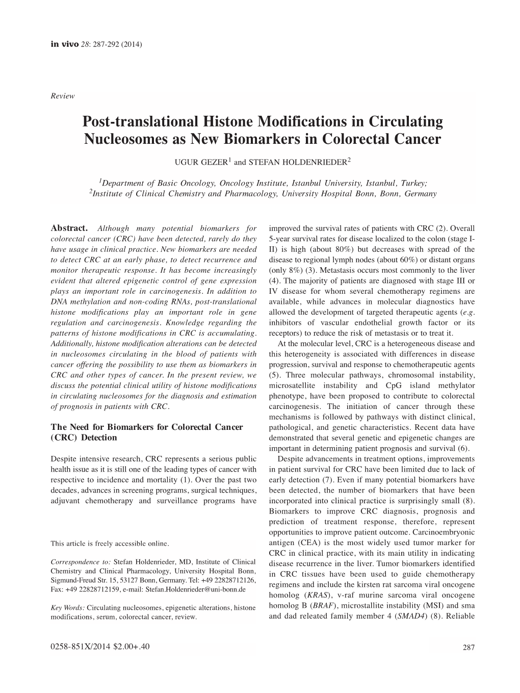 Post-Translational Histone Modifications in Circulating Nucleosomes As New Biomarkers in Colorectal Cancer