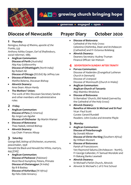 Diocese of Newcastle Prayer Diary October 2020