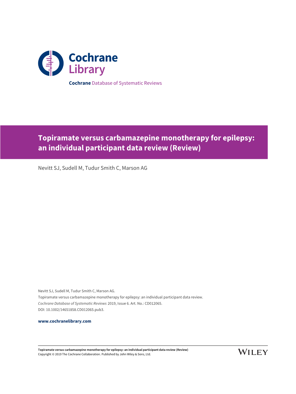 Topiramate Versus Carbamazepine Monotherapy for Epilepsy: an Individual Participant Data Review (Review)