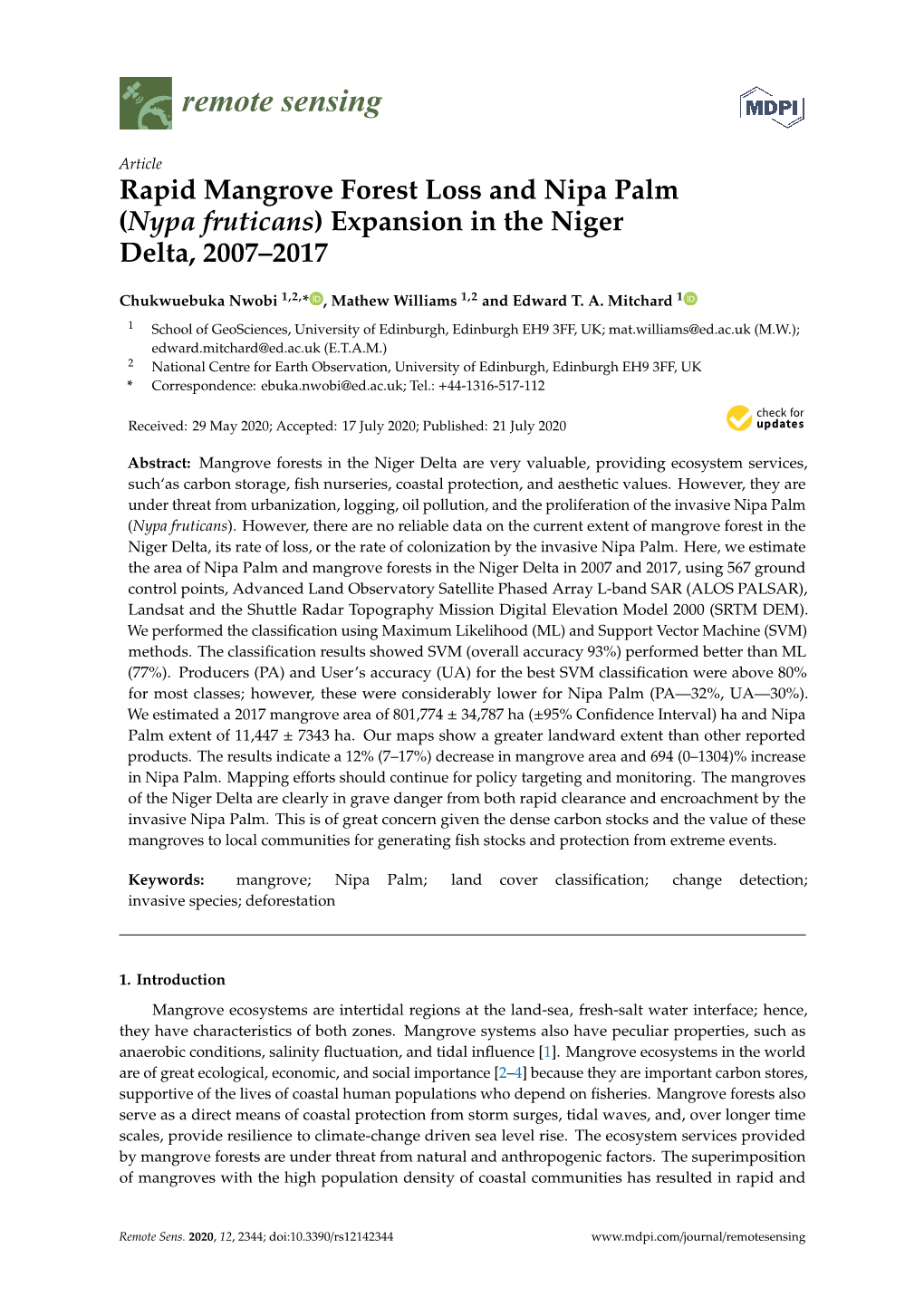 Rapid Mangrove Forest Loss and Nipa Palm (Nypa Fruticans) Expansion in the Niger Delta, 2007–2017