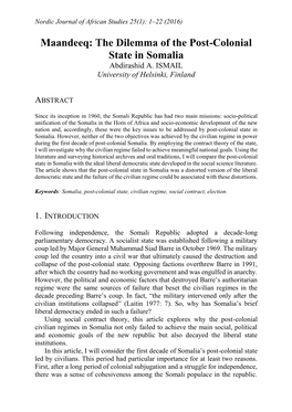 Maandeeq: the Dilemma of the Post-Colonial State in Somalia Abdirashid A