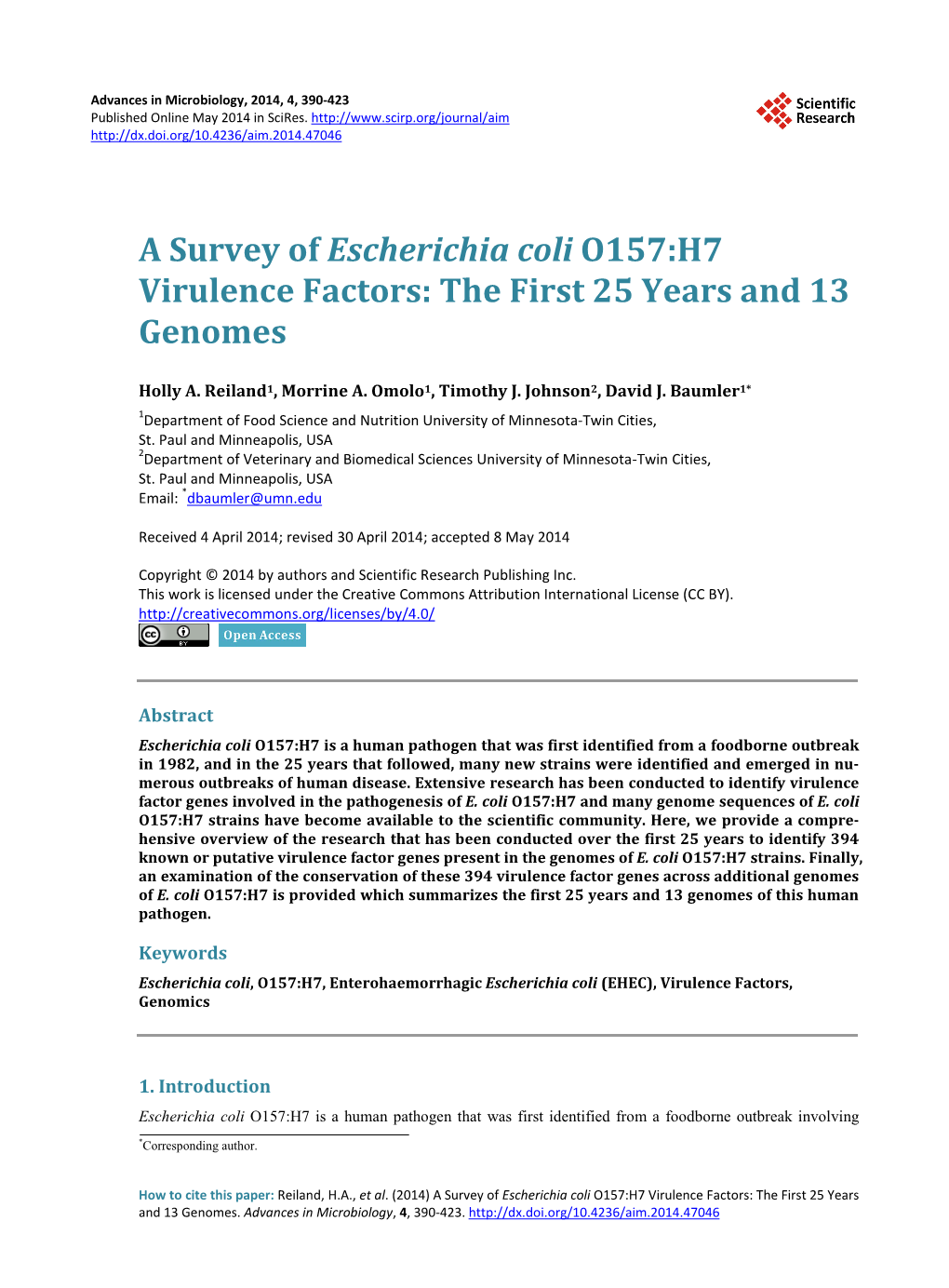 A Survey of Escherichia Coli O157:H7 Virulence Factors: the First 25 Years and 13 Genomes
