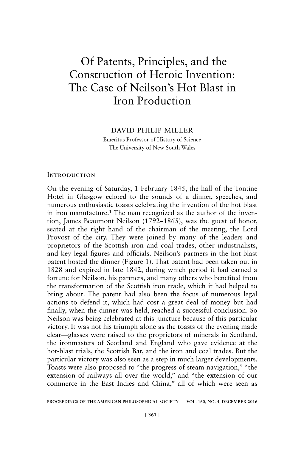 Of Patents, Principles, and the Construction of Heroic Invention: the Case of Neilson’S Hot Blast in Iron Production