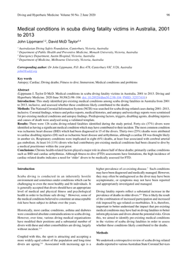 Lippmann J, Taylor D Mcd. Medical Conditions in Scuba Diving Fatality Victims in Australia, 2001 to 2013