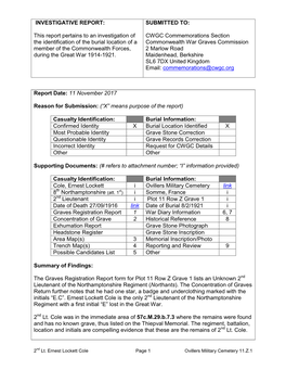 This Report Pertains to an Investigation of the Identification of the Burial Location of a Member of the C