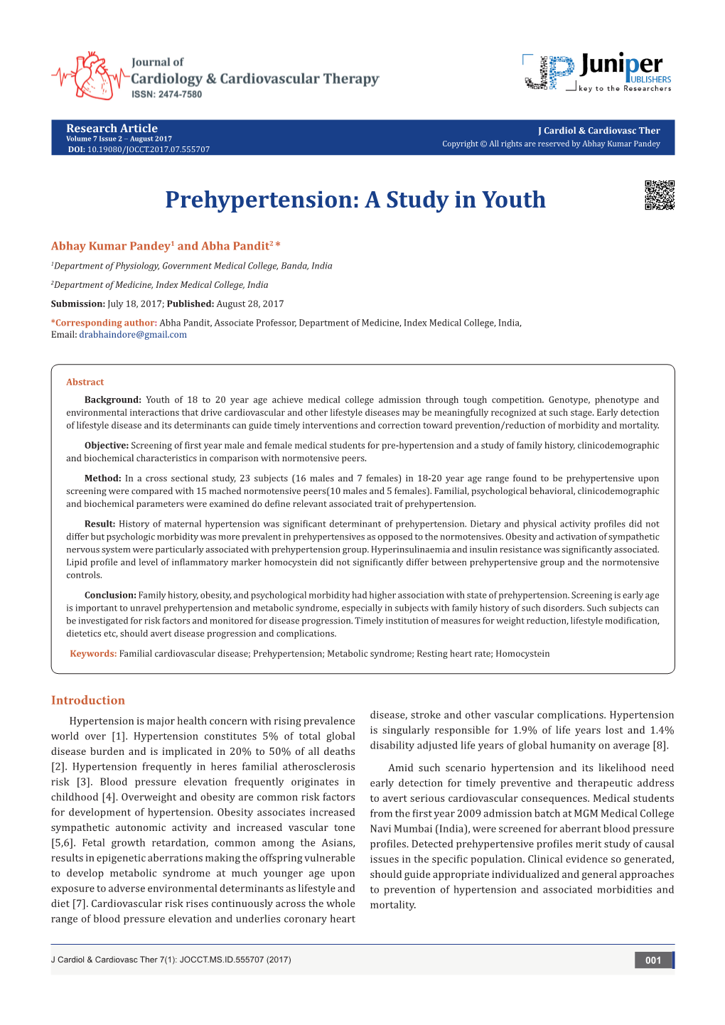 Prehypertension: a Study in Youth