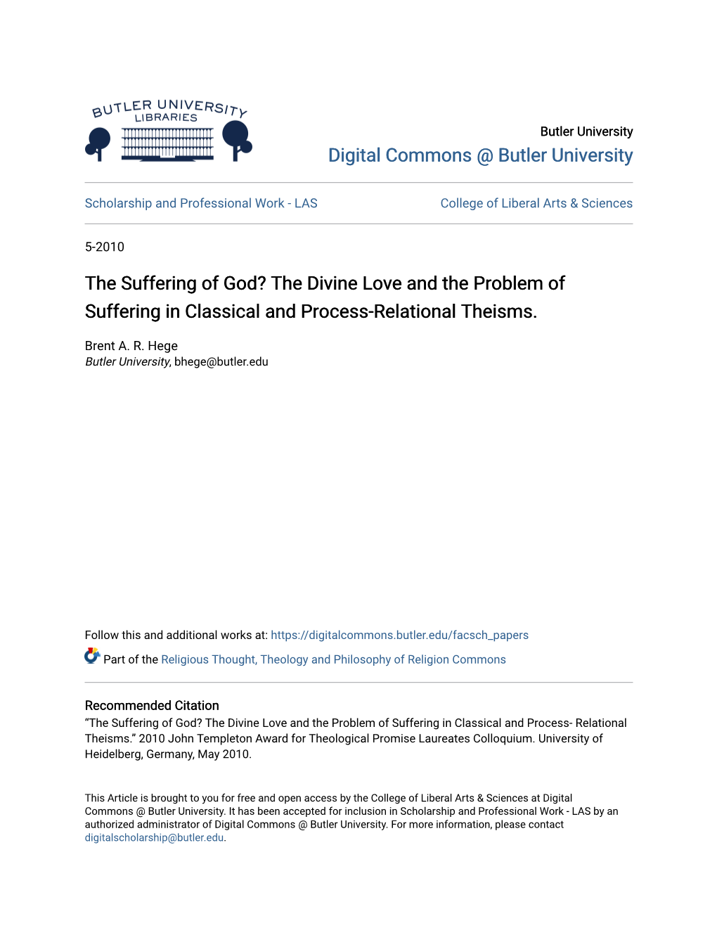 The Suffering of God? the Divine Love and the Problem of Suffering in Classical and Process-Relational Theisms