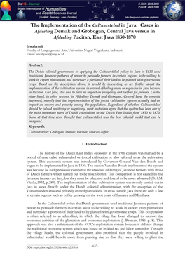The Implementation of the Cultuurstelsel in Java: Cases in Afdeeling Demak and Grobogan, Central Java Versus in Afdeeling Pacitan, East Java 1830-1870