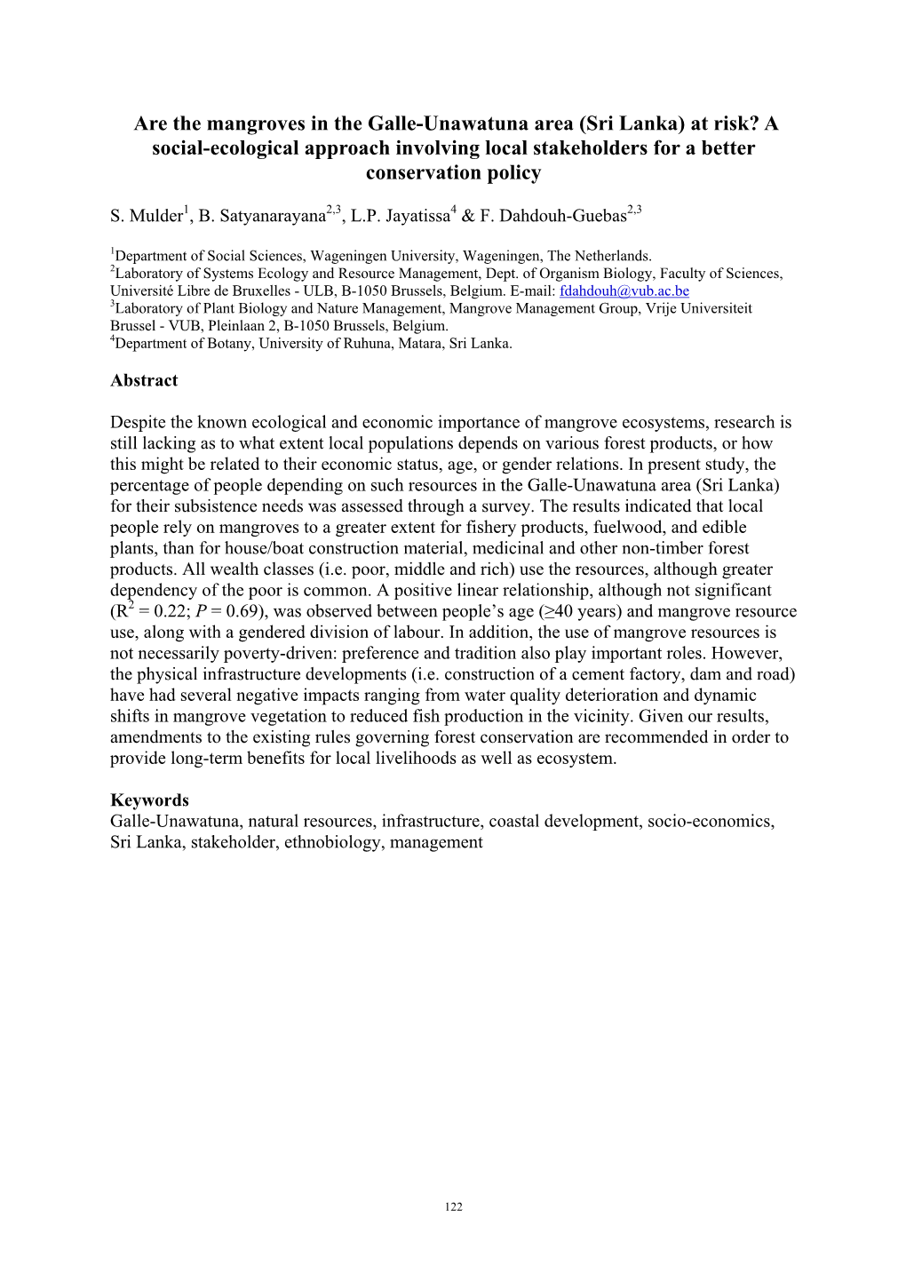 Are the Mangroves in the Galle-Unawatuna Area (Sri Lanka) at Risk? a Social-Ecological Approach Involving Local Stakeholders for a Better Conservation Policy