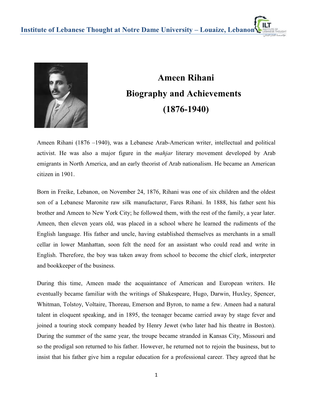 Ameen Rihani Biography and Achievements