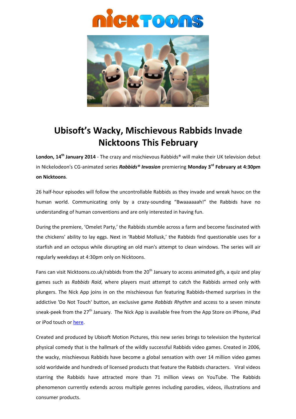 Ubisoft's Wacky, Mischievous Rabbids Invade Nicktoons This February