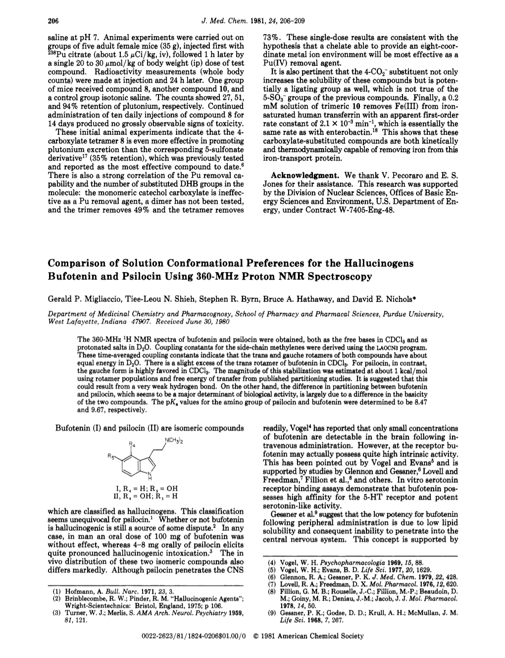 Comparison of Solution Conformational Preferences for the Hallucinogens Bufotenin and Psilocin Using 360-Mhz Proton NMR Spectroscopy