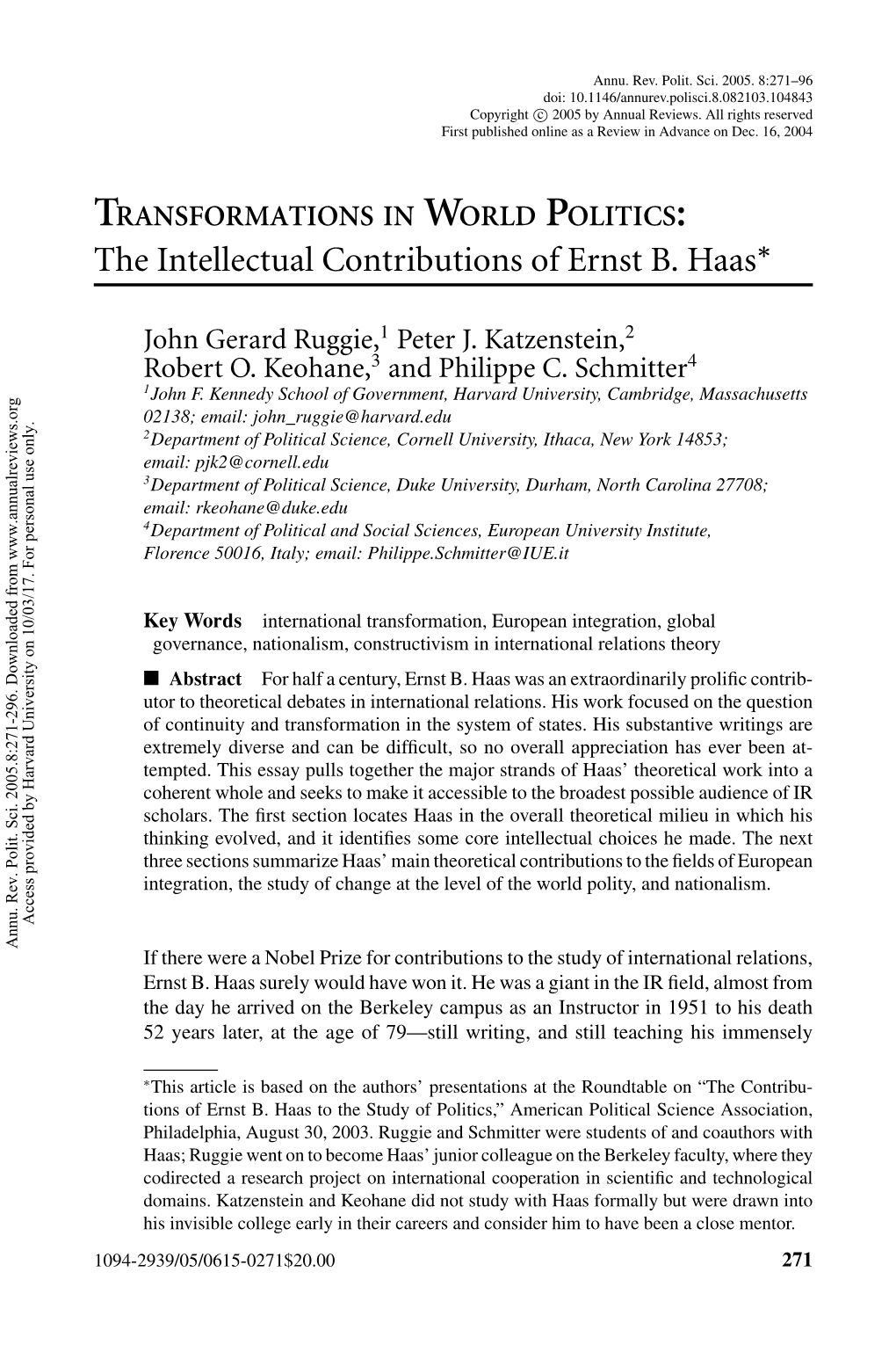TRANSFORMATIONS in WORLD POLITICS: the Intellectual Contributions of Ernst B