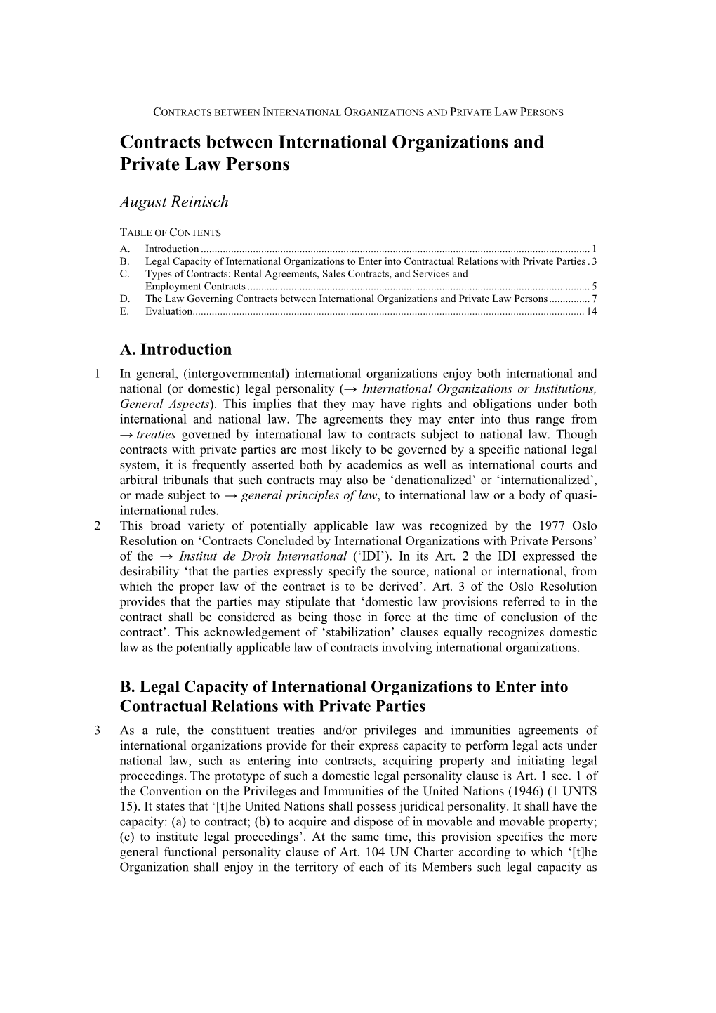 CONTRACTS BETWEEN INTERNATIONAL ORGANIZATIONS and PRIVATE LAW PERSONS Contracts Between International Organizations and Private Law Persons