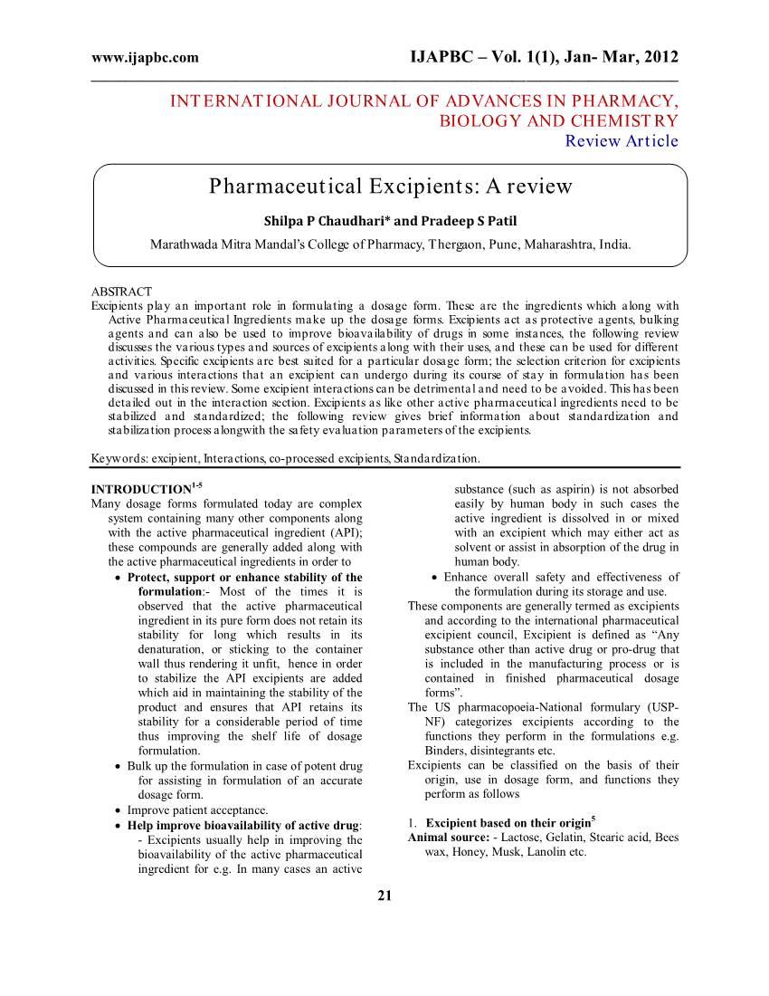 Pharmaceutical Excipients: a Review