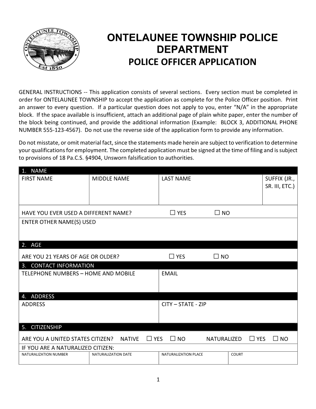 Ontelaunee Township Police Department Police Officer Application