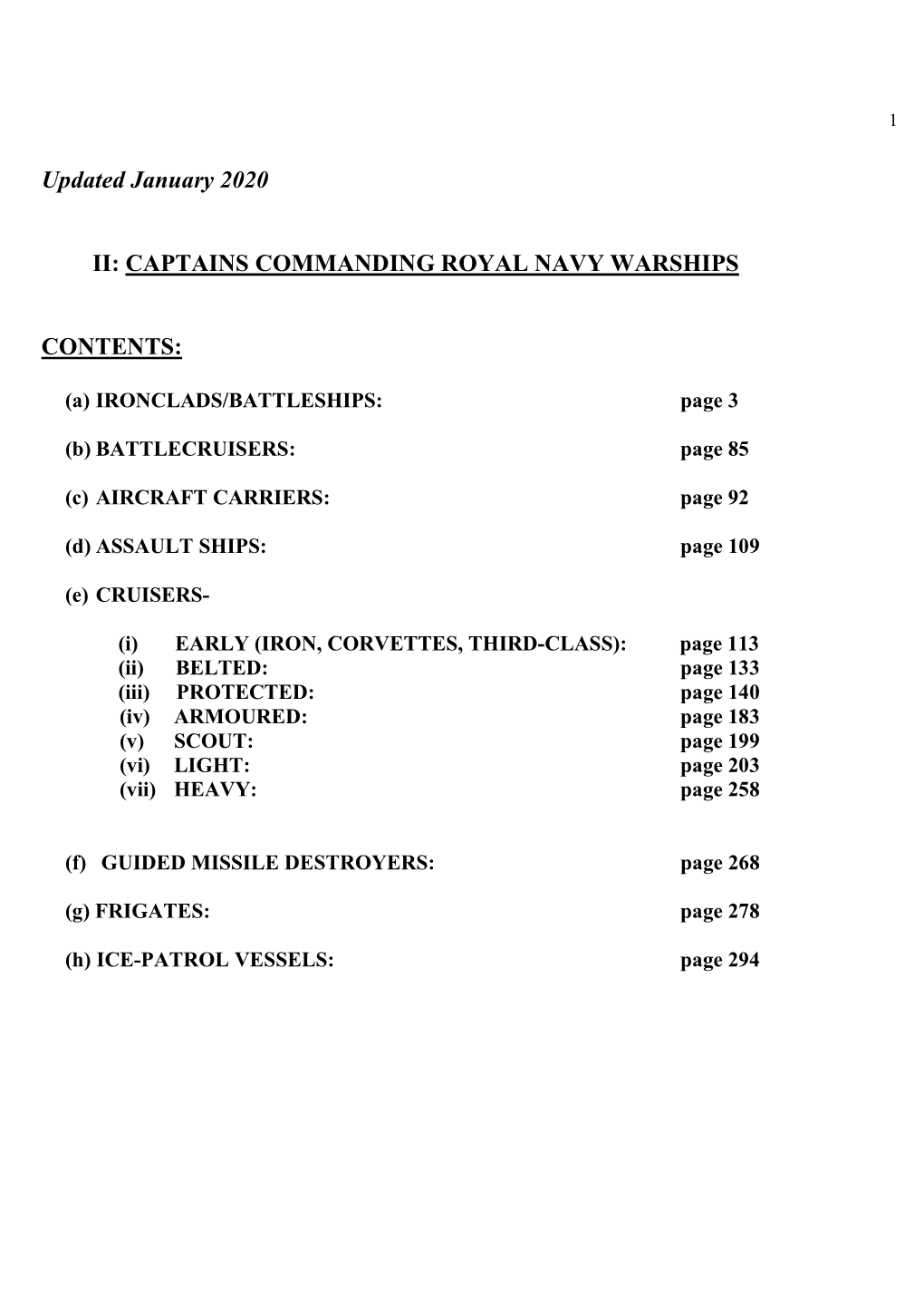 Updated January 2020 II: CAPTAINS COMMANDING ROYAL NAVY WARSHIPS CONTENTS