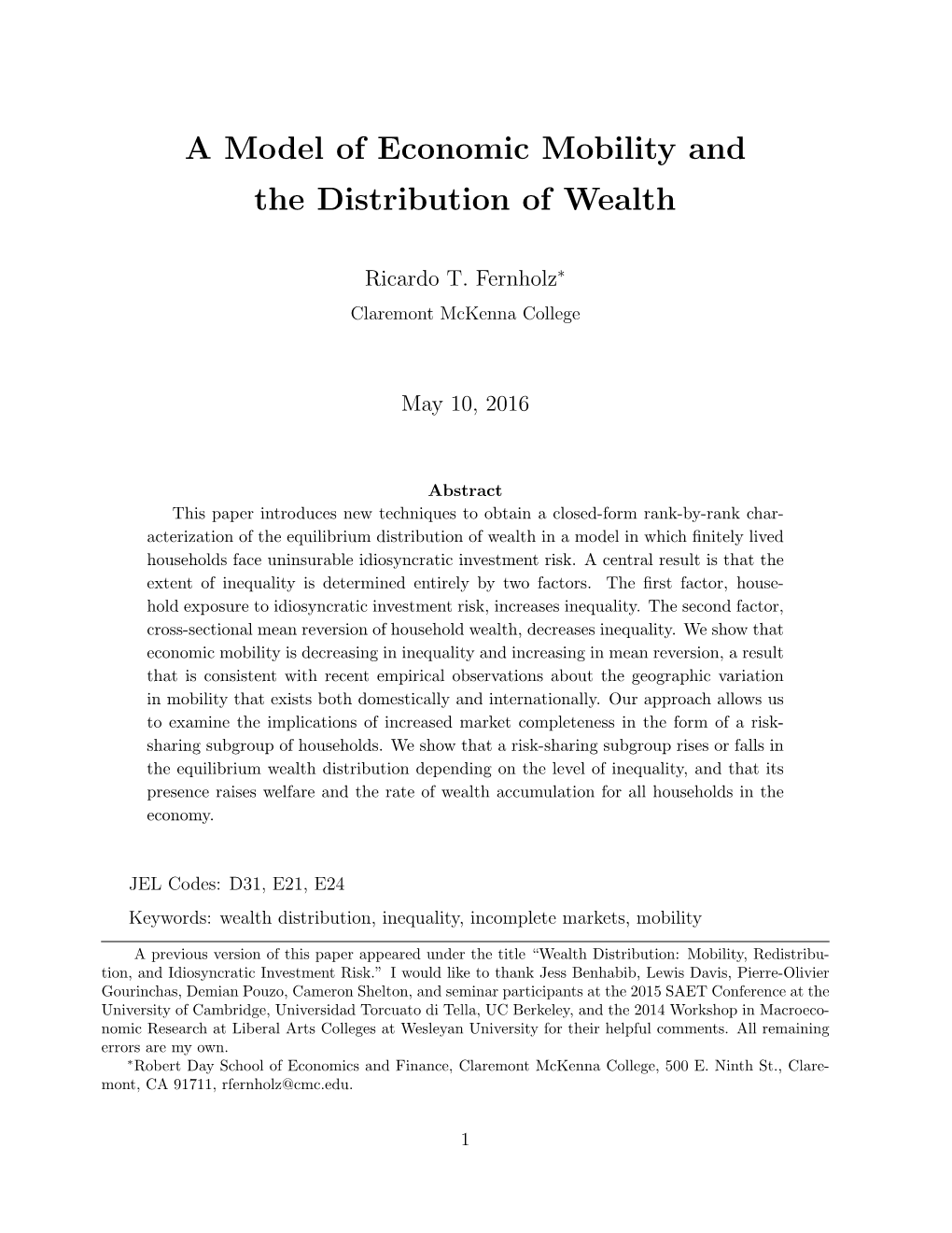 A Model of Economic Mobility and the Distribution of Wealth