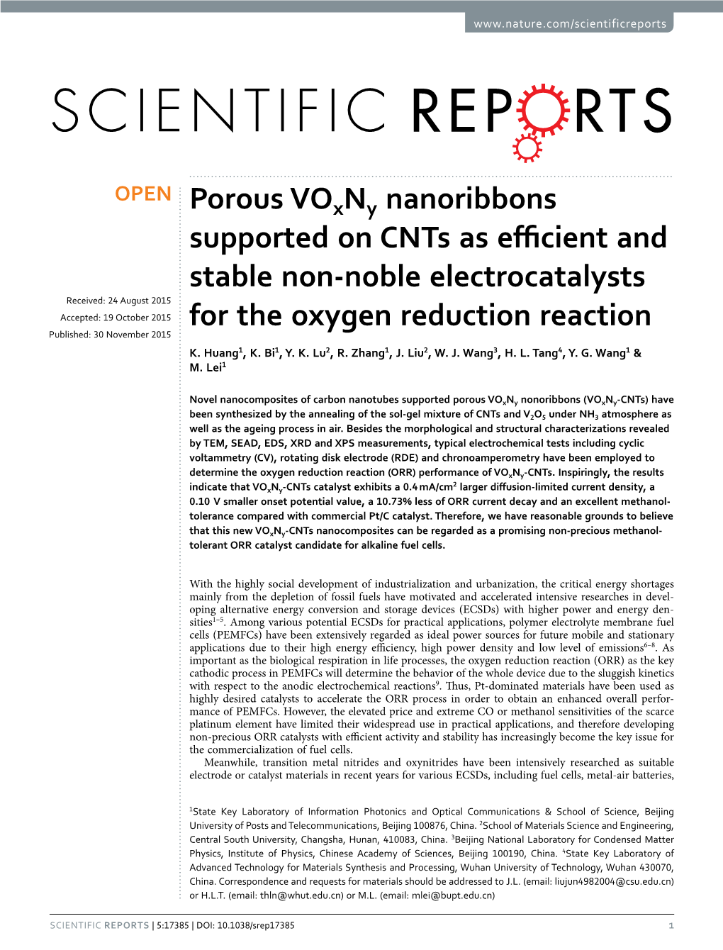 Porous Voxny Nanoribbons Supported on Cnts As Efficient And