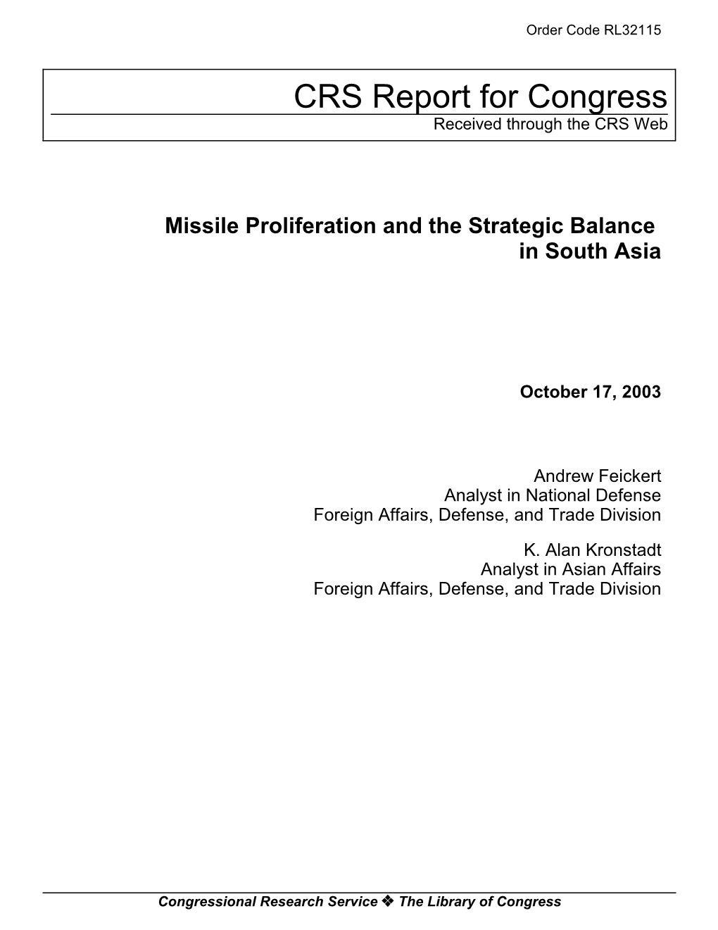 Missile Proliferation and the Strategic Balance in South Asia