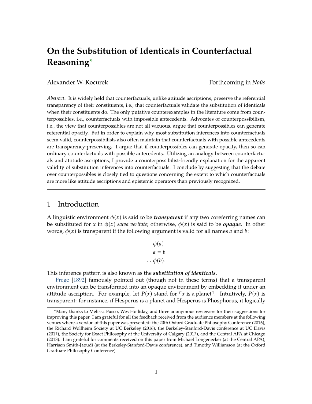 On the Substitution of Identicals in Counterfactual Reasoning∗