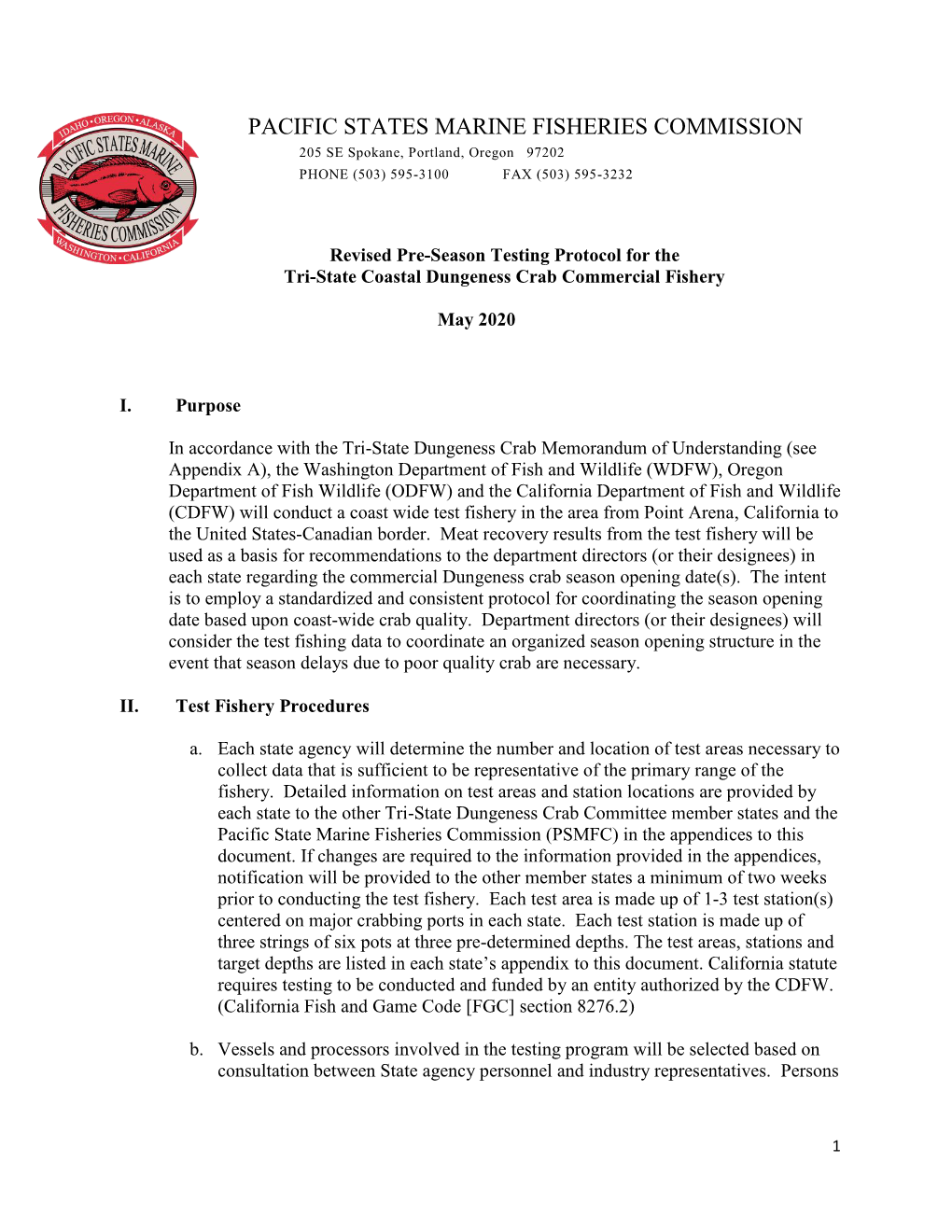 Revised Pre-Season Testing Protocol for the Tri-State Coastal Dungeness Crab Commercial Fishery