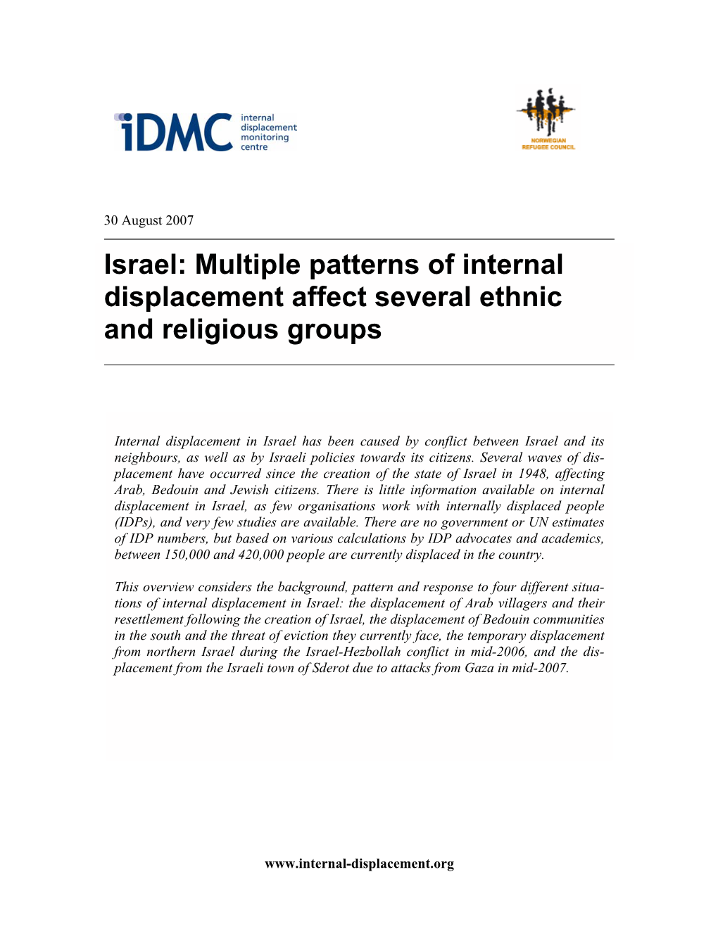 Israel: Multiple Patterns of Internal Displacement Affect Several Ethnic and Religious Groups