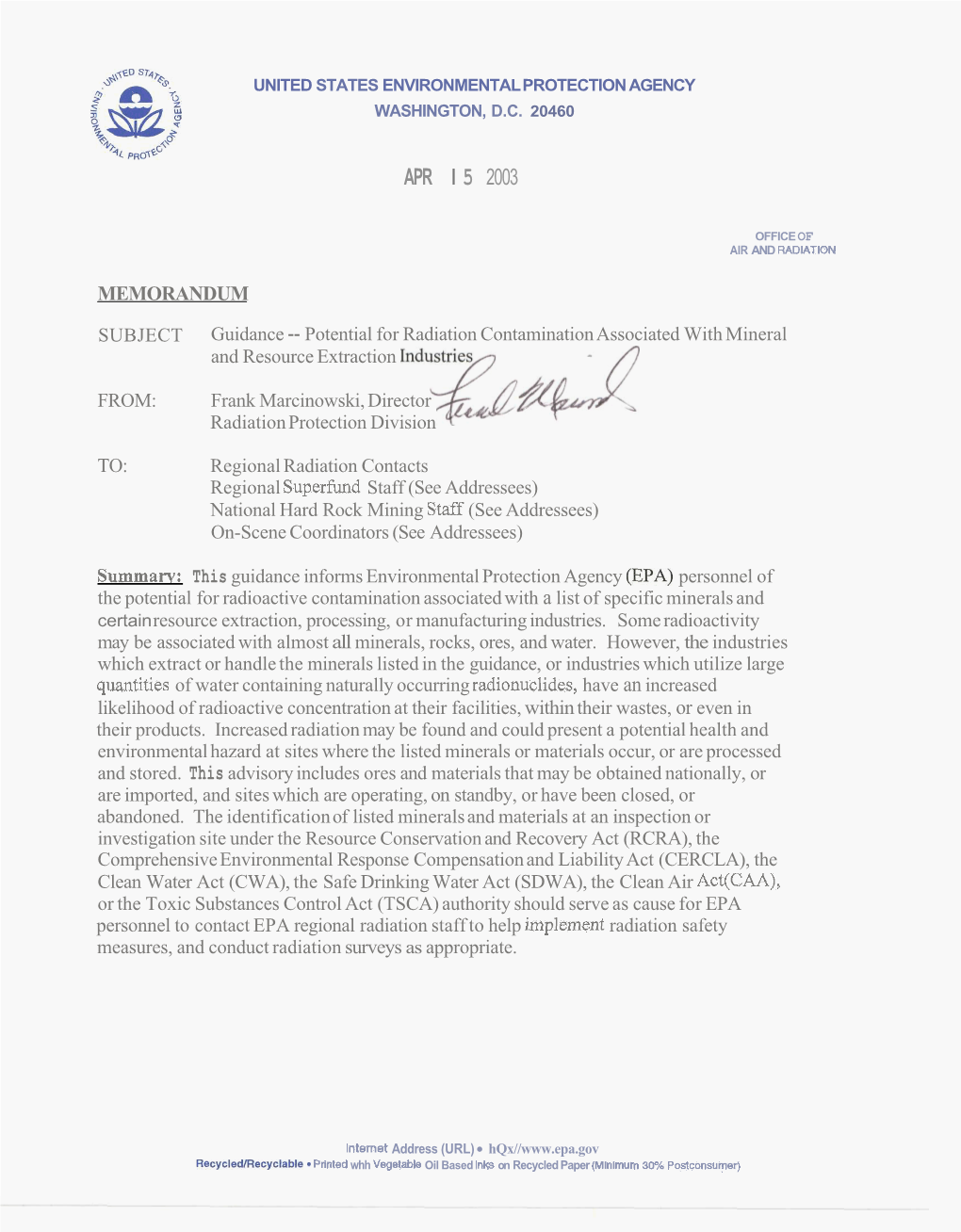 EPA Memo To: Regional Radiation Contacts, Regional Superfund Staff