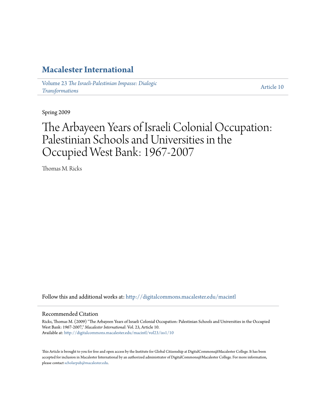 Palestinian Schools and Universities in the Occupied West Bank: 1967-2007 Thomas M