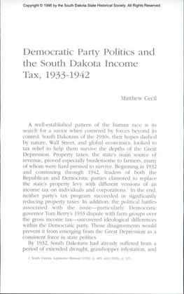 Democratic Party Politics and the South Dakota Income Tax, 1933-1942