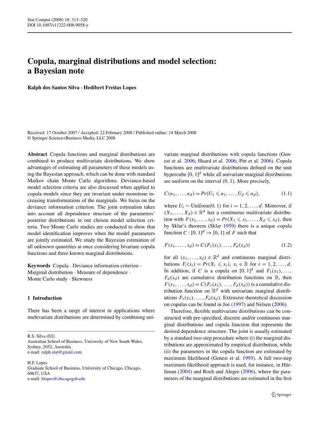 Copula, Marginal Distributions and Model Selection: a Bayesian Note