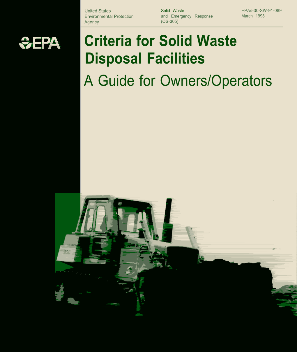 Criteria for Solid Waste Disposal Facilities a Guide for Owners/Operators I