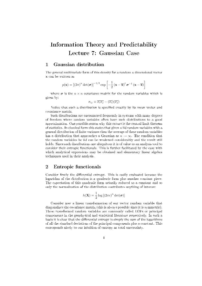 Information Theory and Predictability Lecture 7: Gaussian Case