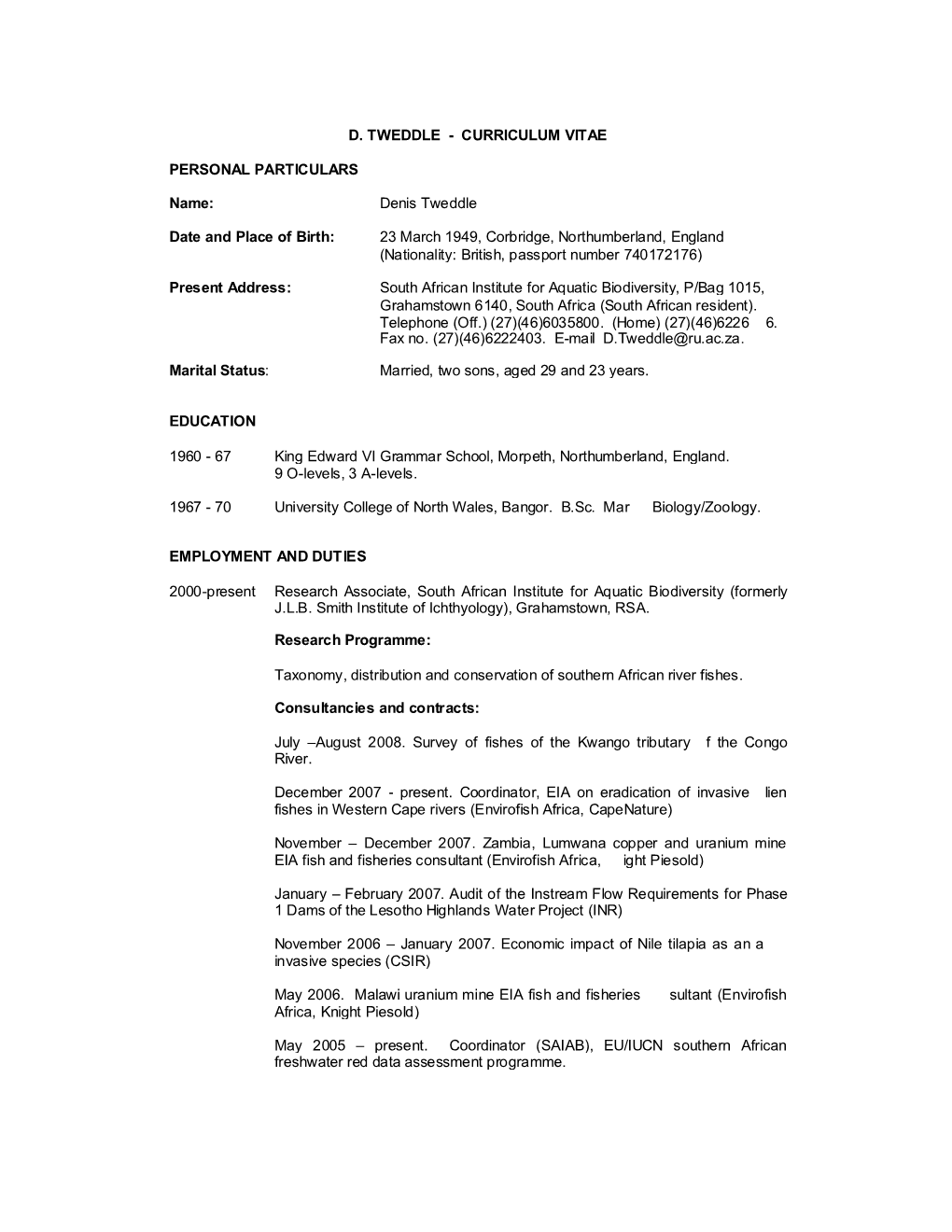 D. Tweddle - Curriculum Vitae