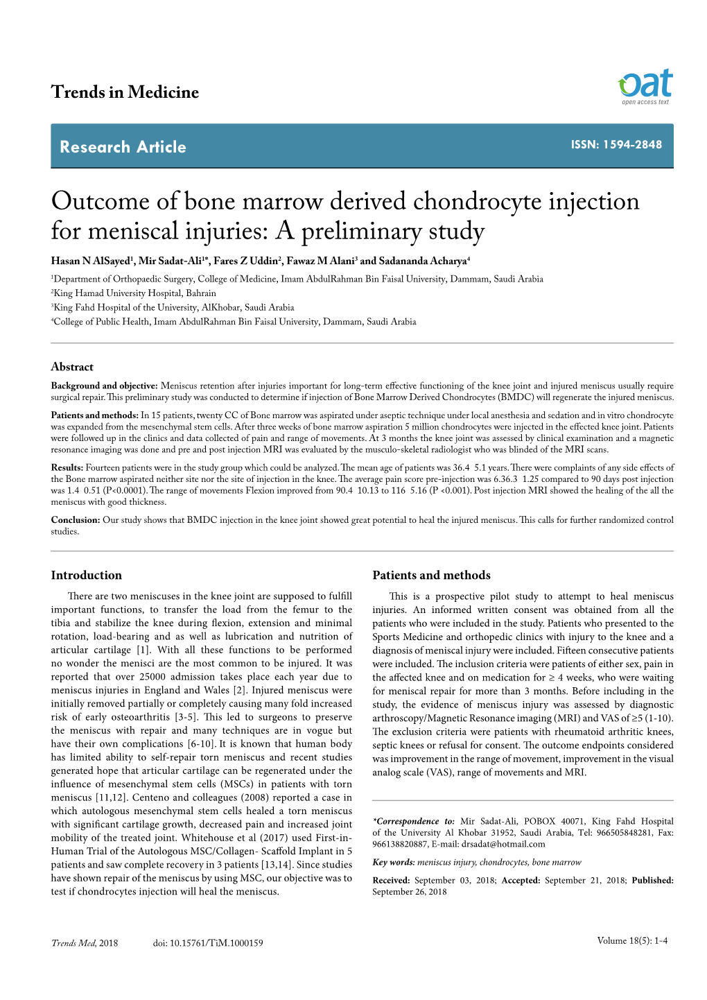 Outcome of Bone Marrow Derived Chondrocyte Injection for Meniscal