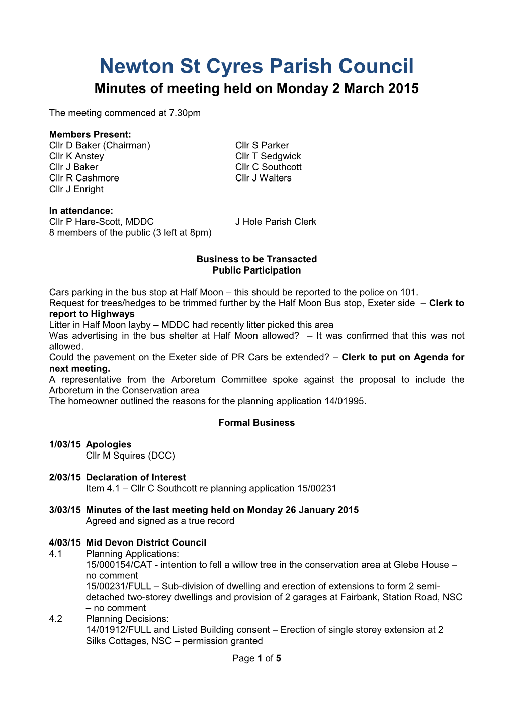 Newton St Cyres Parish Council Minutes of Meeting Held on Monday 2 March 2015