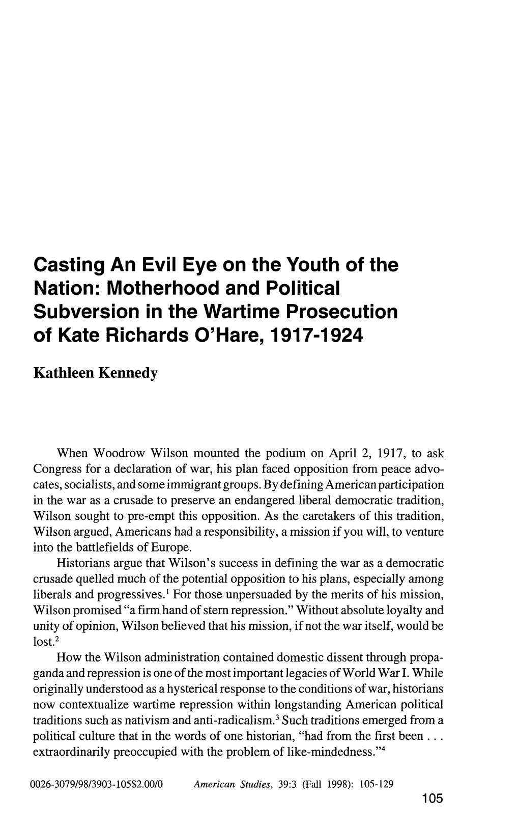 Motherhood and Political Subversion in the Wartime Prosecution of Kate Richards O'hare, 1917-1924