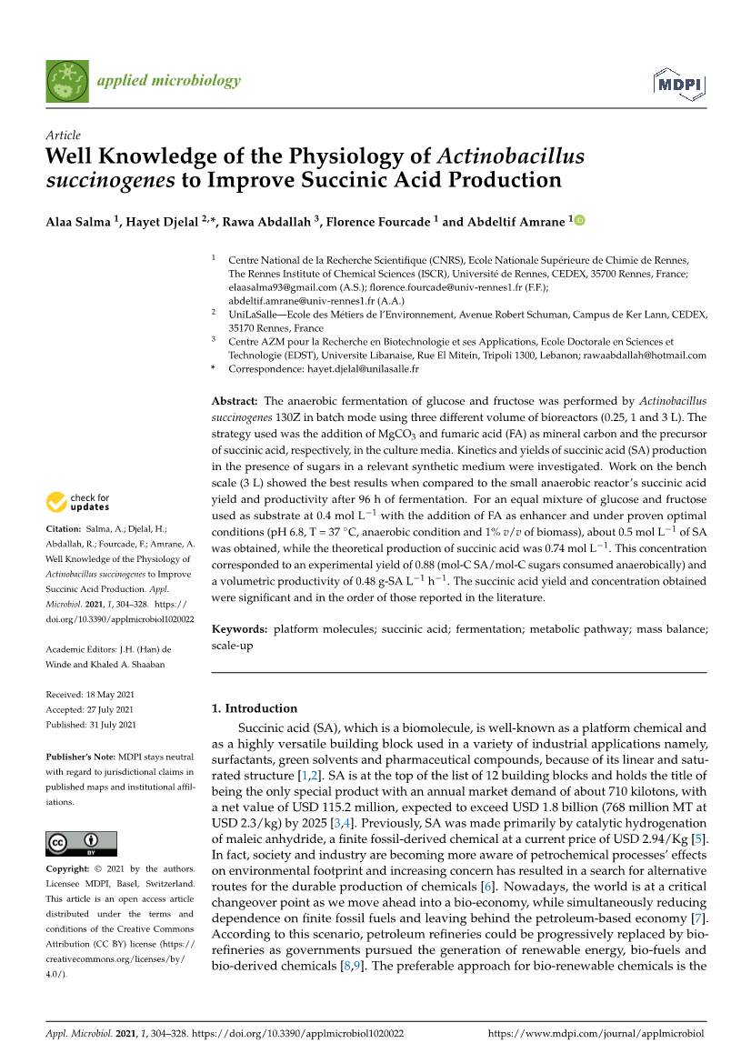 Well Knowledge of the Physiology of Actinobacillus Succinogenes to Improve Succinic Acid Production